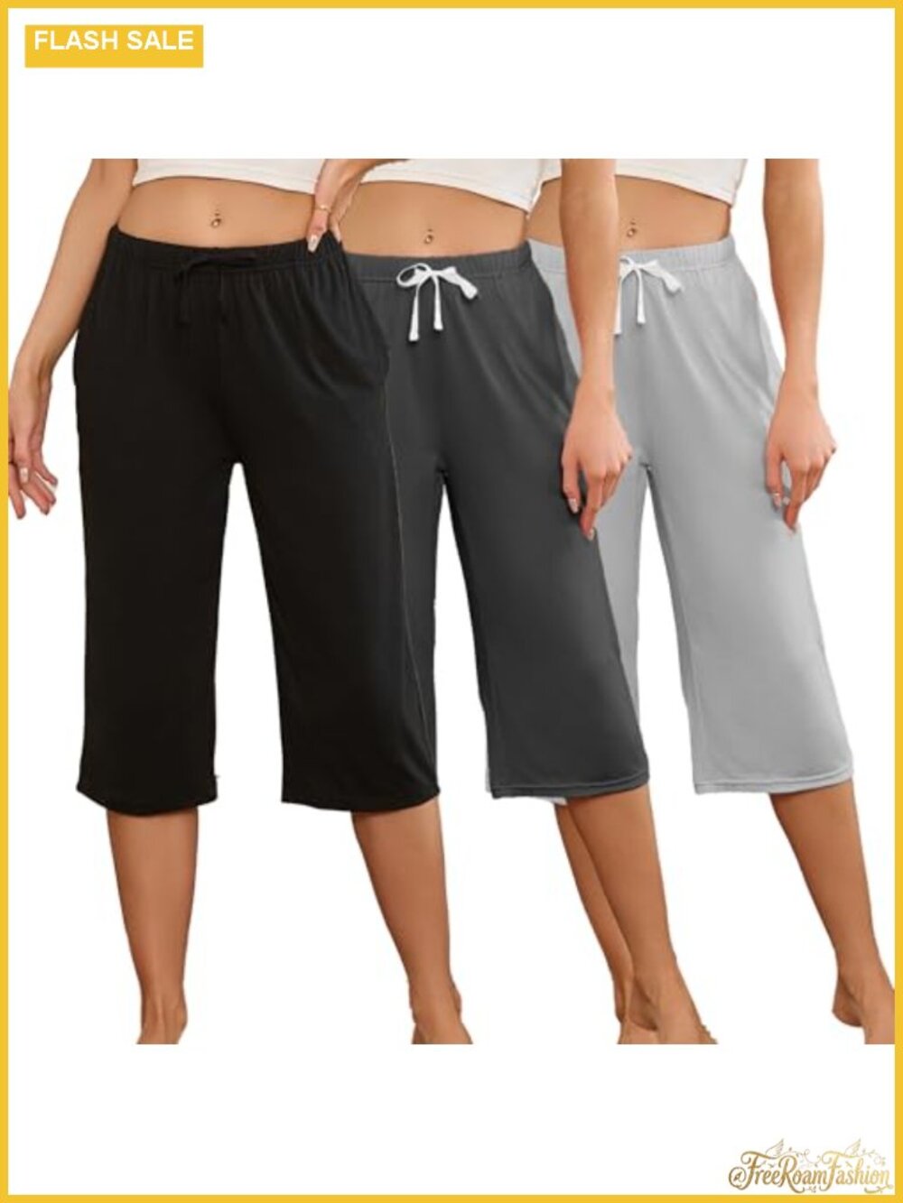 3 Pack Women's Capri Pajama Pants with Pockets Drawstring Lounge Sleep